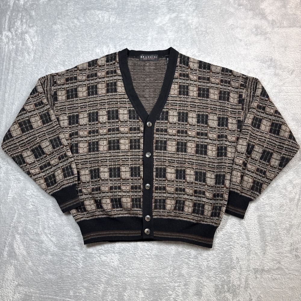 Vintage Brandini Cardigan Men XL Beige Black Wool Blend Grandpa